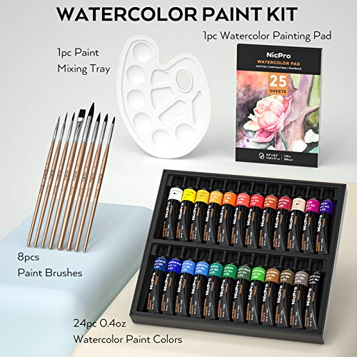 Nicpro 60PCS Watercolor Paint Kit, Professional Painting Supplies Set 24 Tube Water Color Paints, 8 Synthetic Squirrel Brushes, 25 Paper Pad, Palette, Color Wheel for Artists, Beginners, Kids, Adults