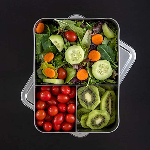 WeeSprout 18/8 Stainless Steel Bento Box (Large) - 3 Compartment Metal Lunch Box, for Kids & Adults, Bonus Dip Container, Fits in Lunch & Work Bags, Dishwasher & Freezer Friendly