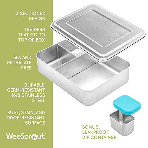 WeeSprout 18/8 Stainless Steel Bento Box (Large) - 3 Compartment Metal Lunch Box, for Kids & Adults, Bonus Dip Container, Fits in Lunch & Work Bags, Dishwasher & Freezer Friendly