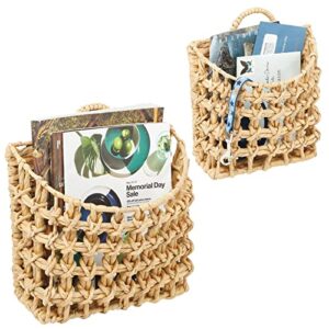 mdesign woven hyacinth hanging wall mount storage organizer basket - rustic hangable mounted market baskets for kitchen, bathroom, shelf - holds floral, food, and mail - set of 2 - natural/tan