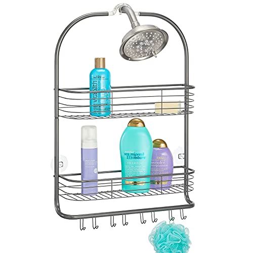 mDesign Extra Wide Hanging Shower Caddy Storage Organizer, Metal Wire Bathroom Organization Center with Built-in Hooks and Baskets on 2 Levels for Shampoo, Body Wash, Loofahs - Graphite Gray