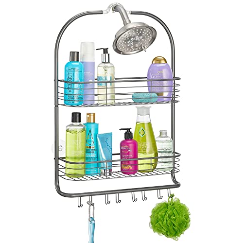 mDesign Extra Wide Hanging Shower Caddy Storage Organizer, Metal Wire Bathroom Organization Center with Built-in Hooks and Baskets on 2 Levels for Shampoo, Body Wash, Loofahs - Graphite Gray