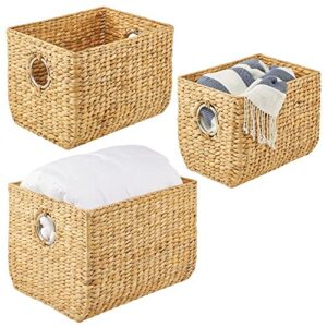 mdesign natural woven hyacinth closet storage organizer basket bin - for cube furniture shelving in closet, bedroom, bathroom, entryway, office - 3 pack - natural/chrome