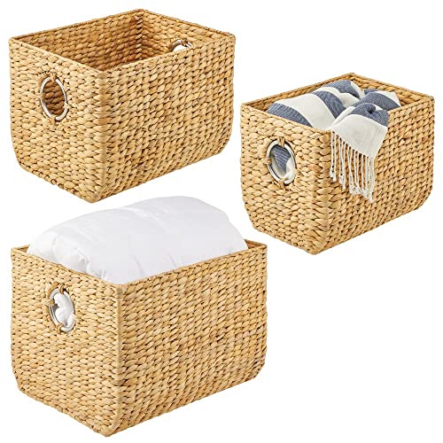 mDesign Natural Woven Hyacinth Closet Storage Organizer Basket Bin - for Cube Furniture Shelving in Closet, Bedroom, Bathroom, Entryway, Office - 3 Pack - Natural/Chrome