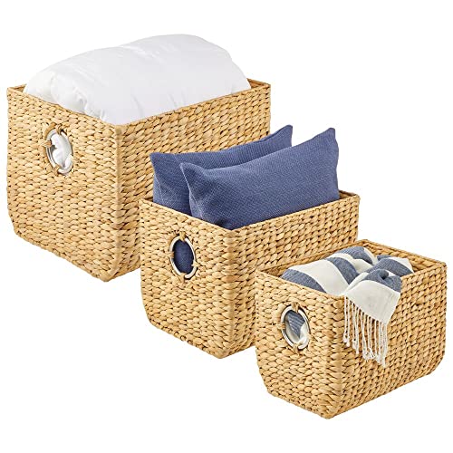 mDesign Natural Woven Hyacinth Closet Storage Organizer Basket Bin - for Cube Furniture Shelving in Closet, Bedroom, Bathroom, Entryway, Office - 3 Pack - Natural/Chrome