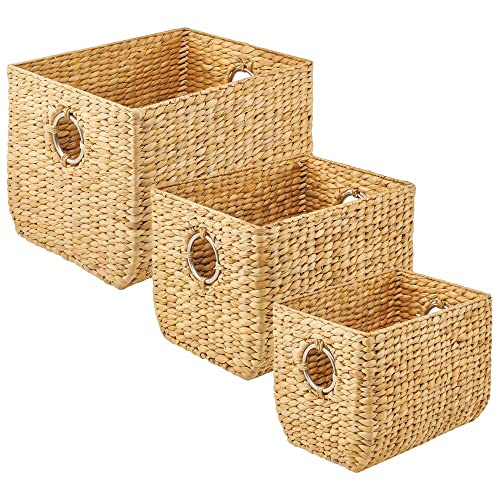 mDesign Natural Woven Hyacinth Closet Storage Organizer Basket Bin - for Cube Furniture Shelving in Closet, Bedroom, Bathroom, Entryway, Office - 3 Pack - Natural/Chrome