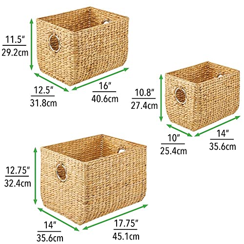 mDesign Natural Woven Hyacinth Closet Storage Organizer Basket Bin - for Cube Furniture Shelving in Closet, Bedroom, Bathroom, Entryway, Office - 3 Pack - Natural/Chrome