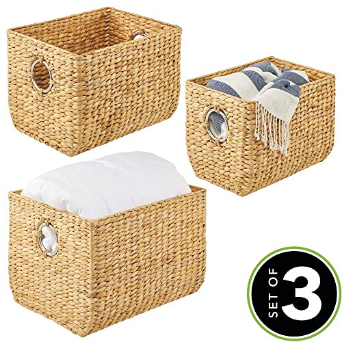 mDesign Natural Woven Hyacinth Closet Storage Organizer Basket Bin - for Cube Furniture Shelving in Closet, Bedroom, Bathroom, Entryway, Office - 3 Pack - Natural/Chrome