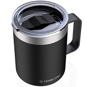 umite chef stainless steel insulated coffee mug tumbler with handle, 12 oz double wall vacuum tumbler cup with lid insulated camping tea flask for hot & cold drinks(black)