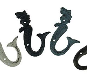 Zeckos Set of 4 Colorful Coastal Cast Iron Mermaid Decorative Wall Hooks 6 Inches High Ocean Décor