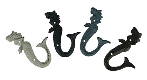 Zeckos Set of 4 Colorful Coastal Cast Iron Mermaid Decorative Wall Hooks 6 Inches High Ocean Décor