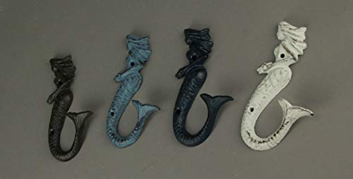 Zeckos Set of 4 Colorful Coastal Cast Iron Mermaid Decorative Wall Hooks 6 Inches High Ocean Décor