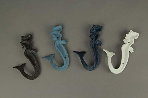 Zeckos Set of 4 Colorful Coastal Cast Iron Mermaid Decorative Wall Hooks 6 Inches High Ocean Décor