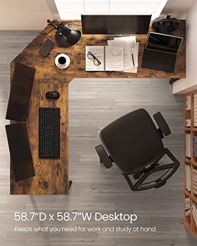 VASAGLE L-Shaped Computer Desk, 58-Inch Corner Desk for Study, Home Office Writing Workstation, Gaming Table, Space-Saving, Easy Assembly, Industrial Design, Rustic Brown and Black ULWD73X