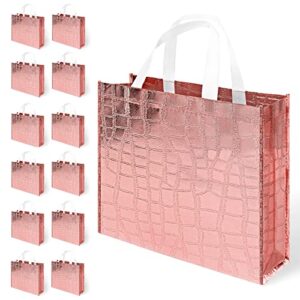 ladyrosian 12 pcs reusable glossy rose gold gift bag, non-woven tote grocery bag with handle, foldable party favor gift bags for bridesmaid, wedding, party, birthday, valentines, proposal