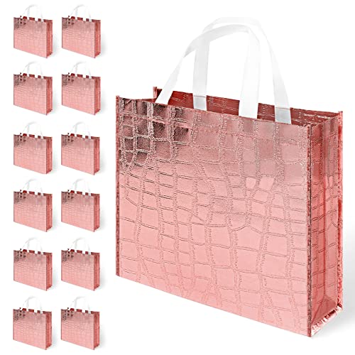 LadyRosian 12 Pcs Reusable Glossy Rose Gold Gift Bag, Non-woven Tote Grocery Bag with Handle, Foldable Party Favor Gift Bags for Bridesmaid, Wedding, Party, Birthday, Valentines, Proposal