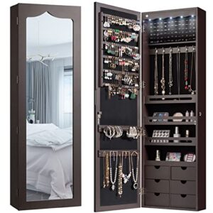charmaid 5 leds mirror jewelry armoire wall door mounted, lockable jewelry cabinet with 6 drawers and full length mirror, large capacity jewelry organizer storage jewelry box with drawers (brown)