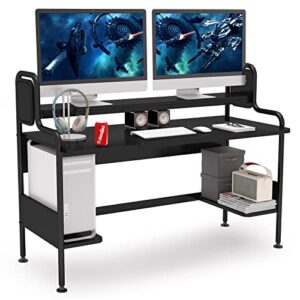 tribesigns 55 inch computer desk with hutch, large gaming desk with monitor shelf and storage shelves, studio workstation desk studying writing table for home office (black)