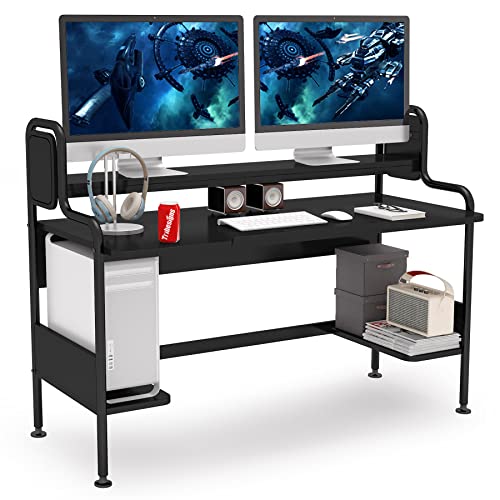 Tribesigns 55 Inch Computer Desk with Hutch, Large Gaming Desk with Monitor Shelf and Storage Shelves, Studio Workstation Desk Studying Writing Table for Home Office (Black)