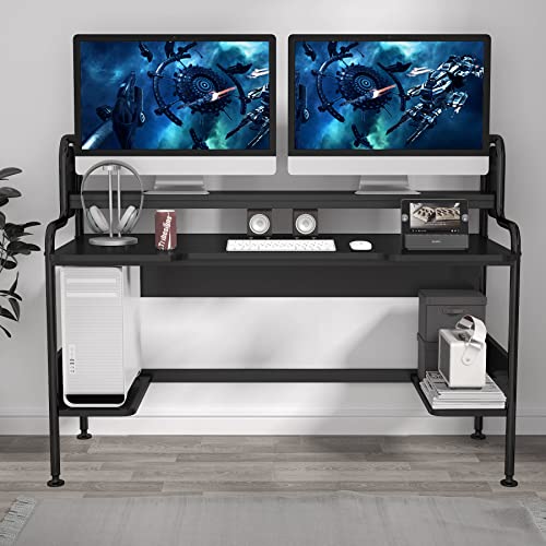 Tribesigns 55 Inch Computer Desk with Hutch, Large Gaming Desk with Monitor Shelf and Storage Shelves, Studio Workstation Desk Studying Writing Table for Home Office (Black)