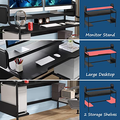Tribesigns 55 Inch Computer Desk with Hutch, Large Gaming Desk with Monitor Shelf and Storage Shelves, Studio Workstation Desk Studying Writing Table for Home Office (Black)