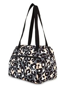 packit freezable hampton lunch bag, wild leopard gray, built with ecofreeze technology, collapsible, reusable, zip closure with front pocket and shoulder straps, perfect for tweens and adults