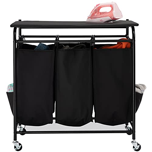 HollyHOME Laundry Sorter Cart with Foldable Ironing Board with Removable 3 Bags Laundry Hamper Sorter with Small cloth bags on both sides Black