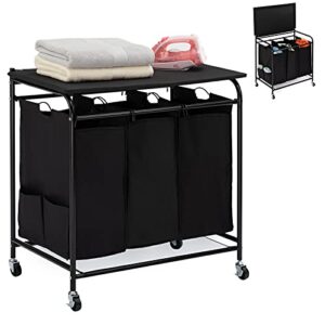 hollyhome laundry sorter cart with foldable ironing board with removable 3 bags laundry hamper sorter with small cloth bags on both sides black