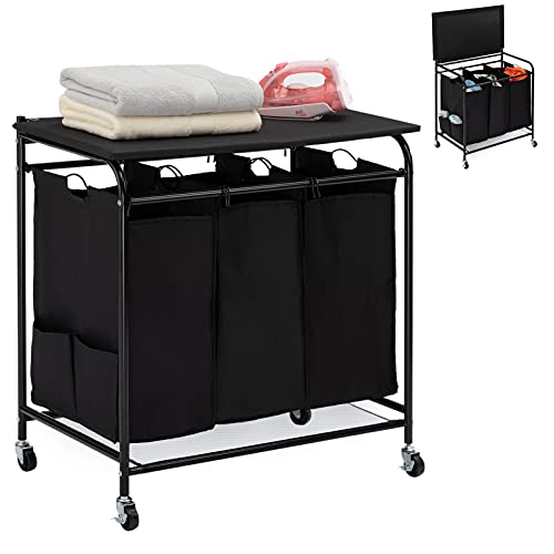 HollyHOME Laundry Sorter Cart with Foldable Ironing Board with Removable 3 Bags Laundry Hamper Sorter with Small cloth bags on both sides Black