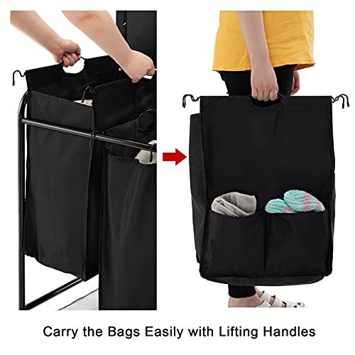 HollyHOME Laundry Sorter Cart with Foldable Ironing Board with Removable 3 Bags Laundry Hamper Sorter with Small cloth bags on both sides Black