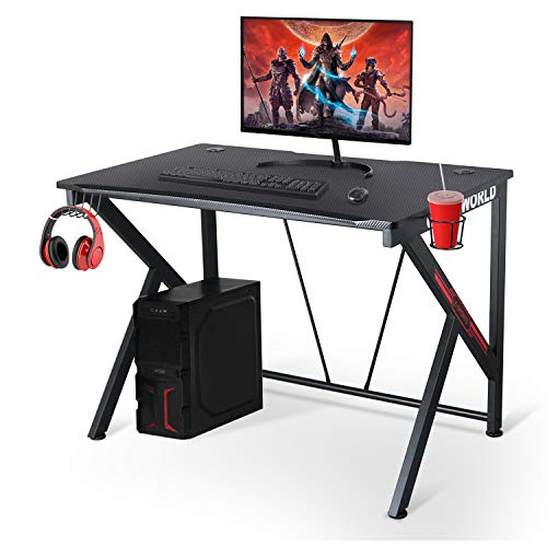 LYNSLIM Ergonomic Gaming Desk – 42” K Shaped Computer Table for Home Office Gamer Workstation with 2 Headphone Hooks and Cable Management (Black)