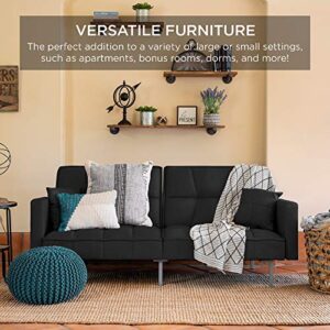 Best Choice Products Convertible Linen Fabric Tufted Split-Back Plush Futon Sofa Furniture for Living Room, Apartment, Bonus Room, Overnight Guests w/ 2 Pillows, Wood Frame, Metal Legs - Black