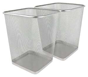 greenco mesh square wastebasket, 6 gallon, 2pk (silver) - lightweight & sturdy office trash cans for near desk - garbage can for bedroom, kitchen, dorm - garbage bin - trash can office & home supplies