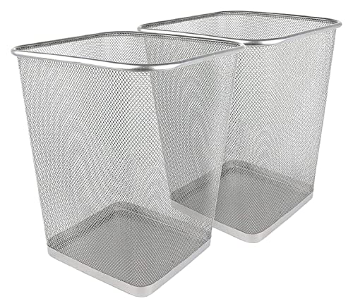 Greenco Mesh Square Wastebasket, 6 Gallon, 2pk (Silver) - Lightweight & Sturdy Office Trash Cans for Near Desk - Garbage Can for Bedroom, Kitchen, Dorm - Garbage Bin - Trash Can Office & Home Supplies