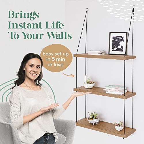 OMYSA Hanging Shelves - 3 Tier Wall Shelf - Cute Boho Room Decor for Bedroom, Bathroom, Living Room - Floating Wood Small Bookshelves - Window, Macrame - Brown