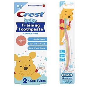 crest & oral-b baby toothbrush and toothpaste training kit for infant and toddler age 0-3, fluoride-free, (2) gel toothpastes 1.6 oz ea. + (4) toothbrushes, disney's winnie the pooh