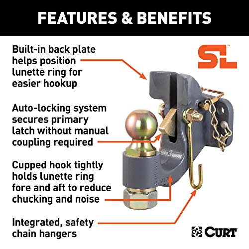 CURT 48411 SecureLatch 2-Inch Ball and Pintle Hitch Hook Combination, 20,000 Pounds, Mount Required