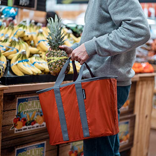 CleverMade SnapBasket Reusable Grocery Shopping Bags with Reinforced Bottom and Zippered Storage Pocket, Collapsible Durable Premium Utility Totes, 20L Size, Orange/Charcoal, 3 Pack