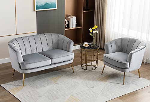 Artechworks Contemporary Velvet Loveseat Chair with Gold-Finished Metal Legs, 2-Seat Sofa for Living Room, Bedroom, Home Office, Grey
