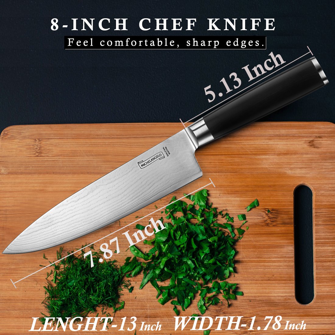 MICHELANGELO Professional Chef Knife 8 Inch Pro, German High Carbon Stainless Steel with Ergonomic Handle, Japanese Knife, for Kitchen - Inch, Etched Damascus Pattern