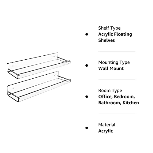 AMT 2 Pack Acrylic Floating Shelves, 15" L x 3.25" W, Clear Bathroom Wall Shelf, Bookshelves, Invisible Display for Office, Bedroom, Small Gap Allows Water to Escape, Free Screws & Drill Bit (Medium)