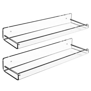 amt 2 pack acrylic floating shelves, 15" l x 3.25" w, clear bathroom wall shelf, bookshelves, invisible display for office, bedroom, small gap allows water to escape, free screws & drill bit (medium)