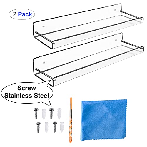 AMT 2 Pack Acrylic Floating Shelves, 15" L x 3.25" W, Clear Bathroom Wall Shelf, Bookshelves, Invisible Display for Office, Bedroom, Small Gap Allows Water to Escape, Free Screws & Drill Bit (Medium)