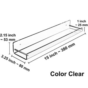 AMT 2 Pack Acrylic Floating Shelves, 15" L x 3.25" W, Clear Bathroom Wall Shelf, Bookshelves, Invisible Display for Office, Bedroom, Small Gap Allows Water to Escape, Free Screws & Drill Bit (Medium)