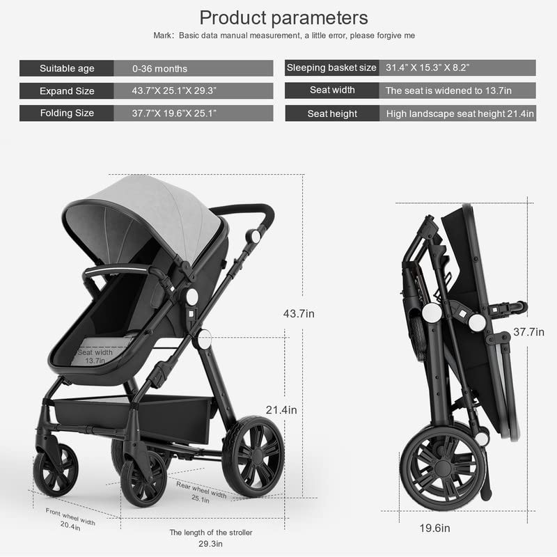 Baby Stroller Newborn Carriage Infant Reversible Bassinet to Luxury Toddler Vista Seat for Boy Girl Compact Single All Terrain Babies Pram Strollers Add Stroller Cover, Cup Holder, Net……