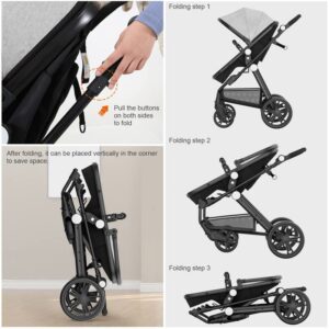 Baby Stroller Newborn Carriage Infant Reversible Bassinet to Luxury Toddler Vista Seat for Boy Girl Compact Single All Terrain Babies Pram Strollers Add Stroller Cover, Cup Holder, Net……