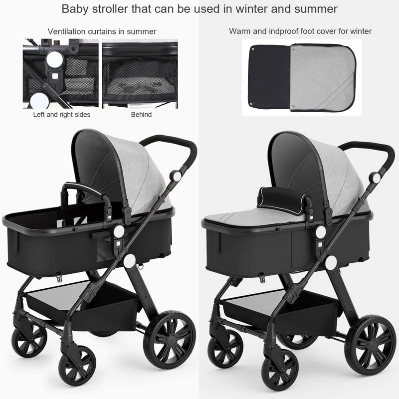 Baby Stroller Newborn Carriage Infant Reversible Bassinet to Luxury Toddler Vista Seat for Boy Girl Compact Single All Terrain Babies Pram Strollers Add Stroller Cover, Cup Holder, Net……