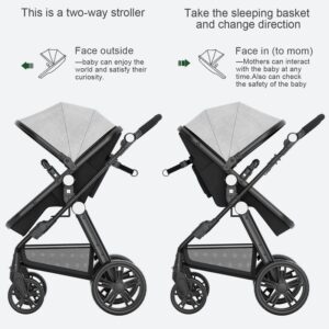 Baby Stroller Newborn Carriage Infant Reversible Bassinet to Luxury Toddler Vista Seat for Boy Girl Compact Single All Terrain Babies Pram Strollers Add Stroller Cover, Cup Holder, Net……