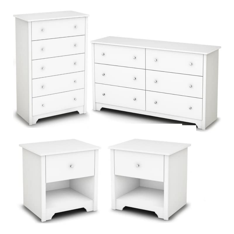 Home Square 4 Piece Modern Bedroom Furniture Set - 6 Drawer Dresser for Bedroom / 5 Chest of Drawers for Bedroom/Small Nightstand with Drawer and Shelf - Set of 2 / White