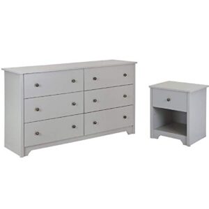 home square 2 piece modern bedroom furniture set - 6 drawer double dresser for bedroom/small nightstand with drawer and shelf/light grey